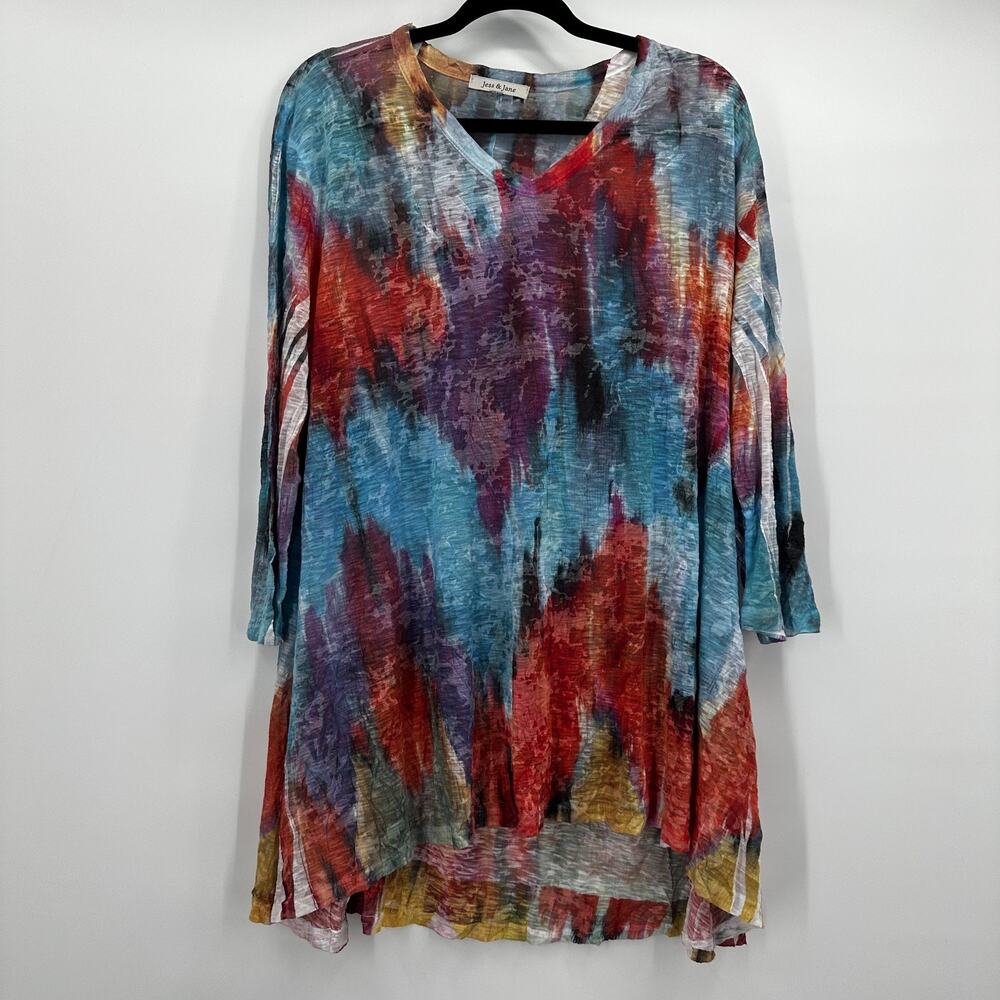 Jess & Jane Tunic Womens XL Multicolor Crushed Knit Top Artsy Boho‎ Pullover USA